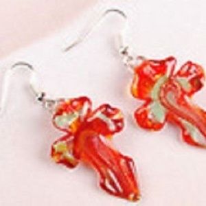 ORANGE & GREEN GLASS CROSS EARRINGS #6